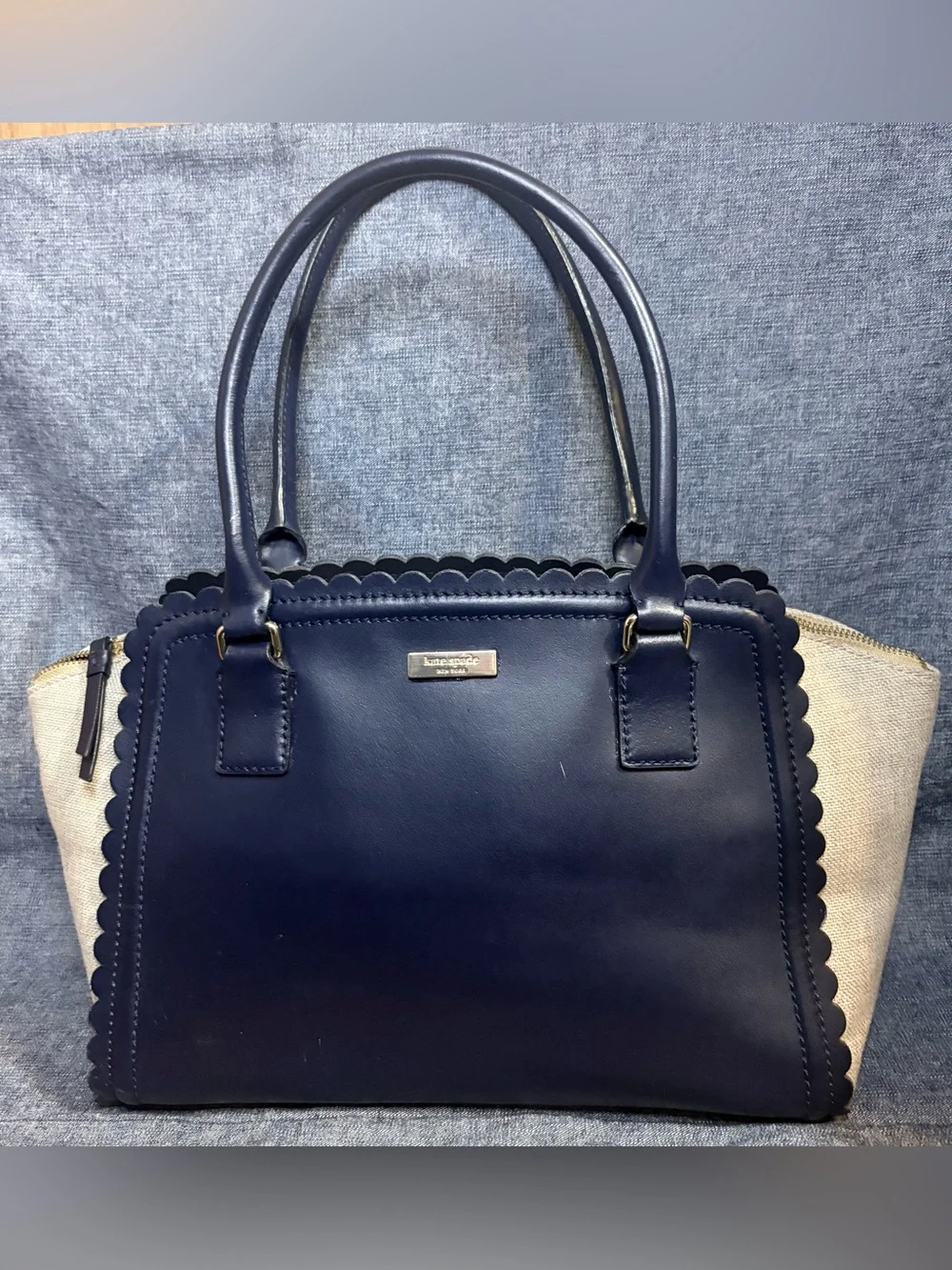 EUC Kate Spade Marguerite Lilac Road Navy Blue Leather/Canvas Shoulder Bag Purse